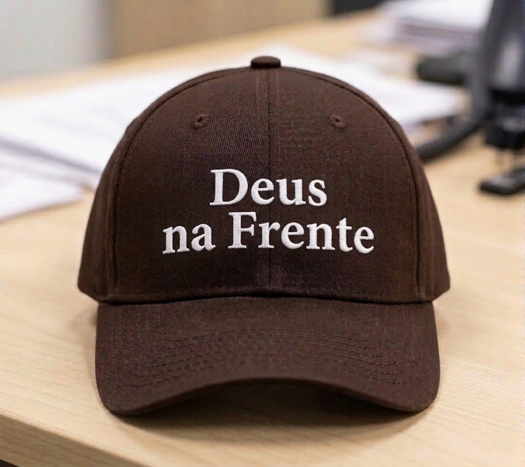 Boné marrom com frase Deus na Frente bordada