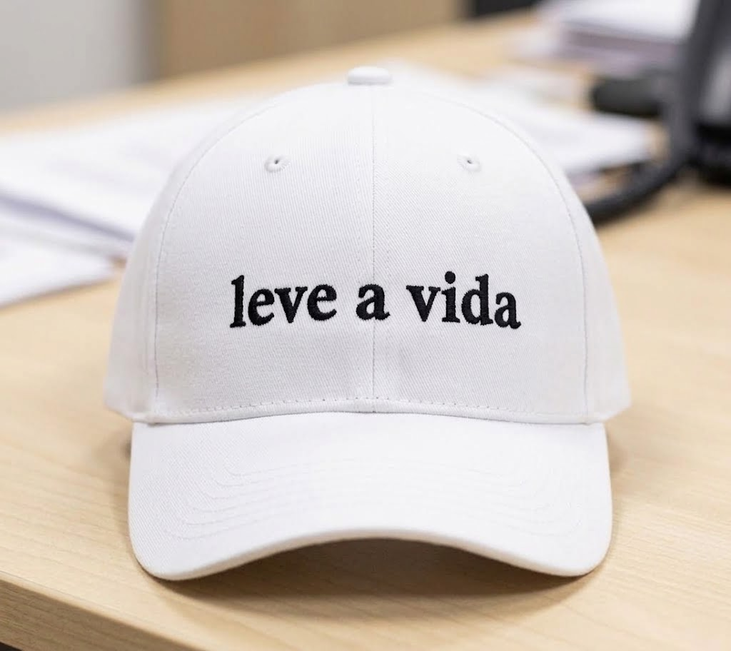 Boné branco com frase leve a vida bordada